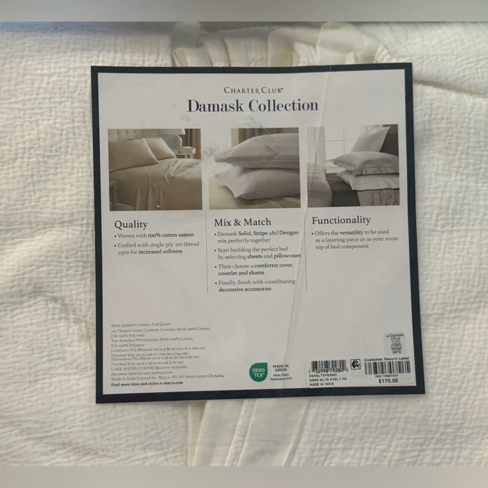 Charter Club Cream Damask Collection Coverlet Set